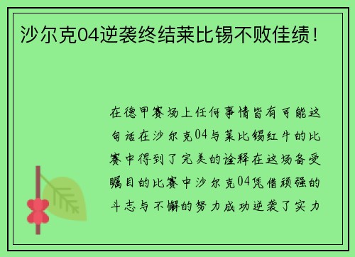 沙尔克04逆袭终结莱比锡不败佳绩！